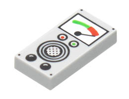 Tile 1 x 2 with Groove with Pegged Gauge, Red, Green, and Black Buttons, Speaker Pattern: {умерено каменно сив}