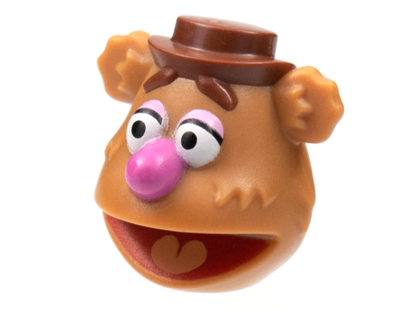 Minifigure, Head, Modified Muppet Fozzie, Reddish Brown Hat and Eyebrows, Dark Pink Nose Pattern: {умерен нуга}