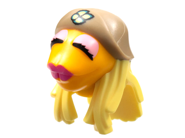 Minifigure, Head, Modified Muppet Janice with Dark Tan Hat, Bright Light Yellow Hair Pattern: {огнено жълто-оранжев}