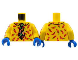 Torso Collar Shirt, Red Peppers, Black Tie with Red, Orange and Bright Green Polka Dots Pattern / Yellow Arms with Red Peppers Pattern / Blue Hands : {ярко жълт}