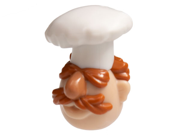 Minifigure, Head, Modified Muppet Swedish Chef with White Toque, Dark Orange Hair and Moustache Pattern: {светло нуга}