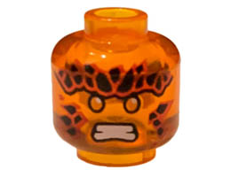 Minifigure, Head Black Stones on Forehead and Cheeks, Orange Eyes, White Teeth, Scowl Pattern - Vented Stud: {прозрачно ярко оранжев}