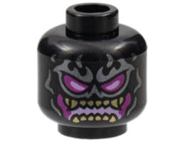 Minifigure, Head Alien Silver Flame Tattoos, Magenta and Bright Pink Eyes and Mouth, Gold Teeth Pattern - Hollow Stud: {черен}