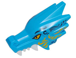 Dragon Head (Ninjago) Jaw Upper with Four White Teeth per Side with Black and Bright Light Orange Eyes and Markings Pattern: {тъмно небесносин}