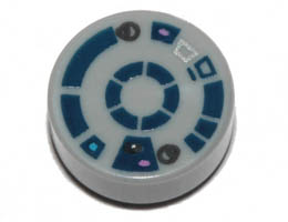 Tile, Round 1 x 1 with Dark Blue R2-D2 Astromech Droid Pattern: {умерено каменно сив}