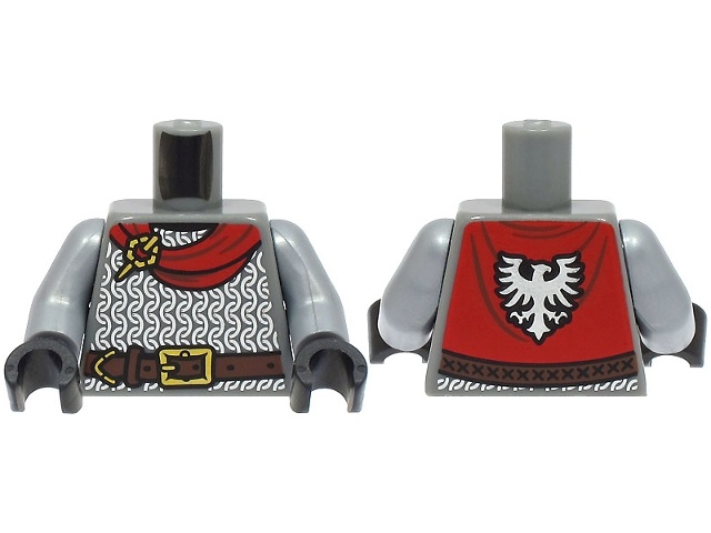 Torso Armor Silver Chain Mail, Reddish Brown Belt with Gold Buckle, Red Cape with Falcon Pattern (BAM) / Flat Silver Arms / Black Hands: {тъмно каменно сив}