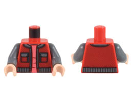Torso Vest with 2 Pockets and Dark Bluish Gray Collar and Waistband over Coral Shirt Pattern / Dark Bluish Gray Arms / Light Nougat Hands : {ярко червен}