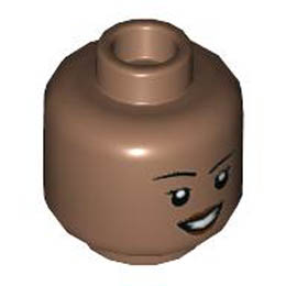 Minifigure, Head Dual Sided Female Black Eyebrows, Reddish Brown Lips, Frown with Raised Eyebrow Left / Open Mouth Smile Pattern - Hollow Stud : {умерено кафяв}