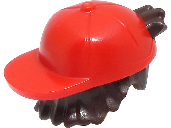 Minifigure, Hair Combo, Hair with Hat, Short Tousled Hair with Molded Red Cap, Short Curved Bill Pattern (BAM): {тъмно кафяв}