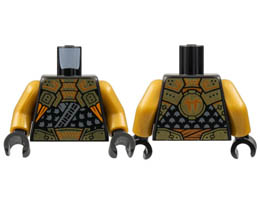 Torso Tunic, Dark Bluish Gray Trim, Gold Shoulder Armor and Belt with Orange Trim, Ninjago Logogram C on Back Pattern / Pearl Gold Arms / Black Hands : {черен}