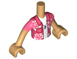 Torso Mini Doll Boy Coral Shirt with Pocket and White Flowers, Dark Blue Necklace, Undershirt Pattern, Medium Tan Arms with Hands with Coral Short Sleeves : {умерен тан}