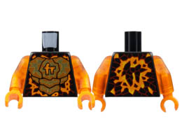 Torso Orange and Gold Energy, Ninjago Logogram C, Red Rimmed Lava Stone Spots Pattern / Trans-Orange Arms / Orange Hands: {черен}