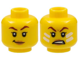 Minifigure, Head Dual Sided Female, Dark Red Eyebrows, Peach Lips, Smirk / Scowl with White Face Paint Lines Pattern - Hollow Stud: {ярко жълт}