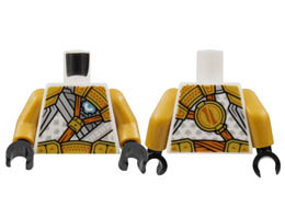 Torso Tunic with Light Bluish Gray Trim, Gold Shoulder Pads and Belt, Dark Orange Strap Pattern / Pearl Gold Arms / Black Hands: {бял}