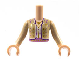 Torso Mini Doll Girl, Tan Jacket with Gold and Medium Lavender Flowers, Dark Purple Trim, Pendant Necklace, White Shirt Pattern, Light Nougat Arms with Hands with Tan Long Sleeves : {светло нуга}