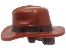 Minifigure, Hair Combo, Hat with Hair, Fedora Outback Style with Wide Brim with Molded Dark Brown Band and Short Hair Pattern: {червеникаво-кафяв}