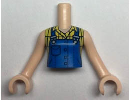 Torso Mini Doll Girl Blue Overalls over Yellow Checkered Sleeveless Blouse Pattern, Light Nougat Arms with Hands: {светло нуга}