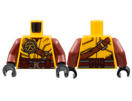 Torso Female, Dark Red Collar and Belt, Reddish Brown Shoulder Belt, Silver Buckles, Gold Ninjago Logogram R Pattern / Dark Red Arms / Black Hands : {огнено жълто-оранжев}