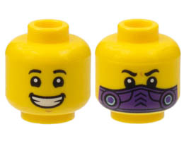 Minifigure, Head Dual Sided Child, Black Eyebrows, Wide Smile with Teeth / Dark Purple Mask Pattern - Hollow Stud: {ярко жълт}