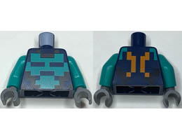 Torso Pixelated Dark Turquoise and Black Shirt, Bright Light Orange Straps on Back Pattern / Dark Turquoise Arms / Dark Bluish Gray Hands : {земно син}