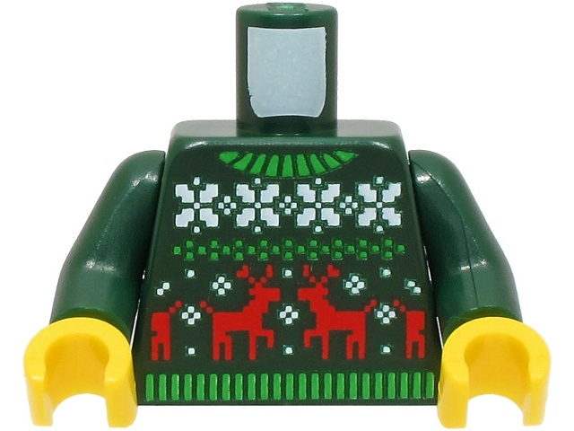 Torso Knit Fair Isle Holiday Sweater with Green Collar, White Snowflakes and Red Reindeer Pattern (BAM) / Dark Green Arms / Yellow Hands: {земно зелен}