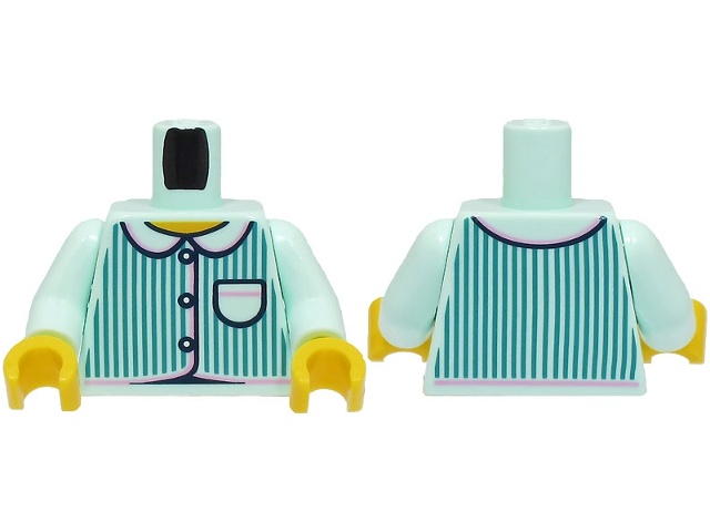 Torso Pajamas 3 Buttons, Dark Turquoise Vertical Stripes, Pocket, Bright Pink Trim, Yellow Neck Pattern (BAM) / Light Aqua Arms / Yellow Hands: {аквамарин}