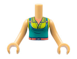 Torso Mini Doll Girl Coral Neck and Belt, Lime Shirt, Dark Turquoise Apron Pattern, Medium Tan Arms with Hands: {умерен тан}