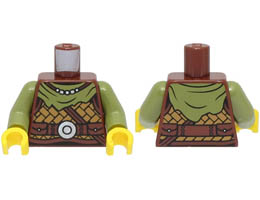 Torso Viking Armor, Medium Nougat Leather, Olive Green Bandana, Necklace, Strap, Belt with Silver Disk Pattern / Olive Green Arms / Yellow Hands : {червеникаво-кафяв}