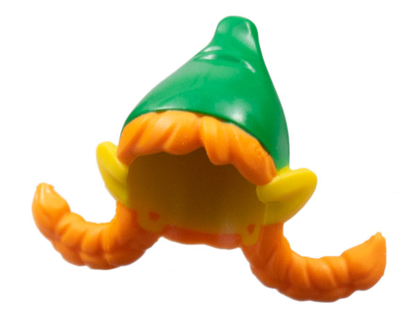 Minifigure, Hair Combo, Hair with Hat, 2 Wide Orange Braids with Elf Ears and Green Pointed Hat Pattern: {ярко жълт}