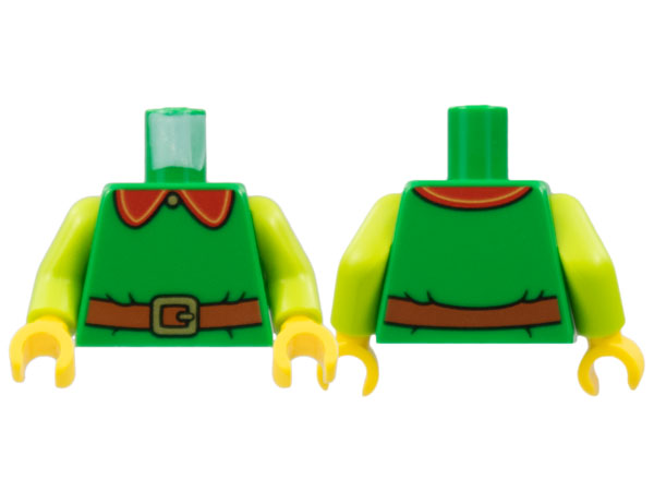 Torso Red Collar with Gold Trim, Button, Buckle, Reddish Brown Belt Pattern / Lime Arms / Yellow Hands: {тъмно зелен}