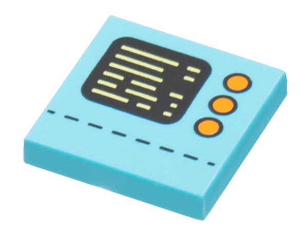 Tile 2 x 2 with Control Panel with Black Display, Bright Light Yellow Text, 3 Orange Buttons, and Dotted Line Pattern: {умерено небесносин}