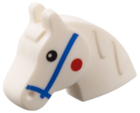 Minifigure, Utensil Stick Pony Head with Blue Bridle, Black Eyes, Red Spot on Cheeks Pattern: {бял}