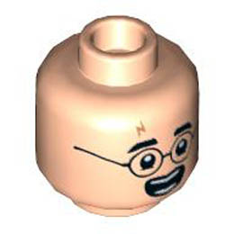 Minifigure, Head Dual Sided Medium Nougat Lightning Scar, Black Eyebrows and Glasses, Smile / Open Mouth with Teeth Pattern - Hollow Stud : {светло нуга}