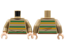 Torso Shirt, Green, Yellow, and Tan Horizontal Stripes, Reddish Brown Wrinkles Pattern / Dark Tan Arms / Light Nougat Hands: {пясъчно жълт}