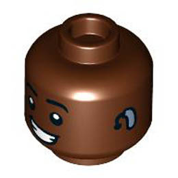 Minifigure, Head Black Eyebrows, Lopsided Smile with Teeth, Bright Light Blue Hearing Aid on Left Pattern - Hollow Stud: {червеникаво-кафяв}