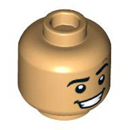 Minifigure, Head Black Eyebrows, Raised Left, Chin Dimple, Open Mouth Smile with Teeth Pattern - Hollow Stud: {умерен тан}
