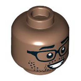 Minifigure, Head Dual Sided Black Eyebrows, Glasses, Stubble, Lopsided Grin / Smile with Teeth Pattern - Hollow Stud: {умерено кафяв}