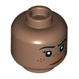 Minifigure, Head Female Black Eyebrows, Reddish Brown Freckles, Dark Orange Lips, Lopsided Smile Pattern - Hollow Stud: {умерено кафяв}