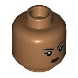 Minifigure, Head Female Black Eyebrows and Eyelashes, Reddish Brown Lips, Stern Pattern - Hollow Stud: {умерено кафяв}