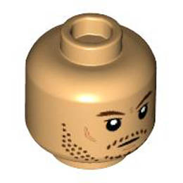 Minifigure, Head Dark Brown Eyebrows, Stubble, Nougat Cheek Lines and Chin Dimple Pattern - Hollow Stud: {умерен тан}
