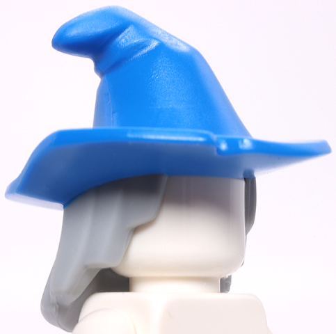 Minifigure, Hair Combo, Hair with Hat, Mid-Length Scraggly with Molded Blue Floppy Witch Hat Pattern (BAM): {умерено каменно сив}