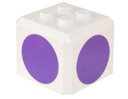 Brick, Modified Cube, 4 Studs on Top with Dark Purple Circle Pattern on All Sides (Super Mario Purple Toad Cap): {бял}