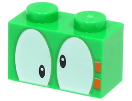Brick 1 x 2 with Black Eyes on White Background and 2 Orange Rectangles Pattern (Lemmy): {ярко зелен}