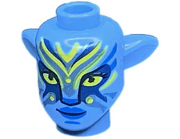 Minifigure, Head, Modified Alien Navi with Yellow Eyes, Blue Markings and Lips, Dark Blue and Metallic Light Blue War Paint, Closed Mouth Grin Pattern : {умерено син}