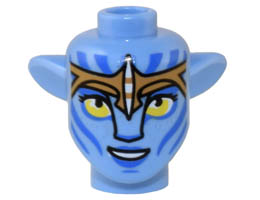 Minifigure, Head, Modified Alien Navi with Yellow Eyes, Silver Spots, Blue Markings and Lips, Medium Nougat Headband, Open Mouth Smile with Teeth Pattern : {умерено син}
