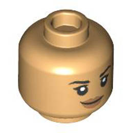 Minifigure, Head Dual Sided Female Black Eyebrows, Medium Nougat Lips, and Smile / Metallic Light Blue Face Paint and Olive Green Headset Pattern - Hollow Stud : {умерен тан}