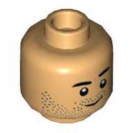 Minifigure, Head Black Eyebrows and Beard Stubble with Smirk and Chin Dimple Pattern - Hollow Stud: {умерен тан}