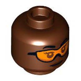 Minifigure, Head Female Black Eyebrows, Orange Goggles, Dark Brown Lips Pattern - Hollow Stud: {червеникаво-кафяв}