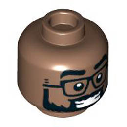 Minifigure, Head Dual Sided Black Eyebrows, Glasses, and Full Beard, Smile with Teeth / Pucker Pattern - Hollow Stud: {умерено кафяв}