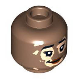 Minifigure, Head Dual Sided Female Black Eyebrows, Light Nougat Vitiligo, Reddish Brown Lips, Grin / Open Mouth Smile Pattern - Hollow Stud : {умерено кафяв}